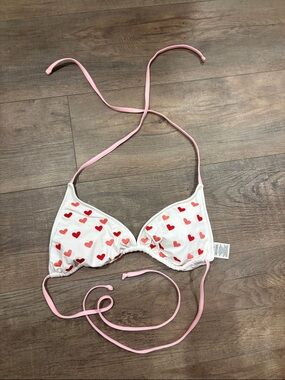 No Boundaries White Triangle Bikini Top with Pink Trim and Red Heart Print